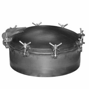 36" Steel Chandler Manway  Features:  Gasket in Neck Robotically Welded Weldable 1/4" A36 Carbon Steel Base 8 Standard Wing Nut Assembly Made in the USA 5/8" Buna Gasket