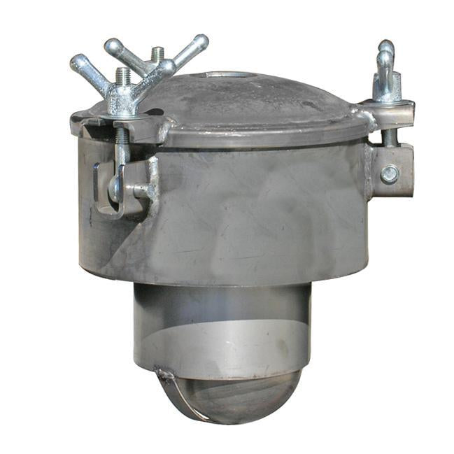 12" Steel Chandler Primary Shutoff with 6" Steel Neck, 3" Opening - 385 CFM  18" L x 18" W x 17" H  3 Standard Wing Nut Assembly  Weldable base is 12.25 O.D. with a standard 6" neck. Positive shutoff with 6" stainless steel ball. Lid has gasket in the lid design and features easy access for quick clean out. The hardware is heavy duty zinc plated and there is a clamp-on ball seat.