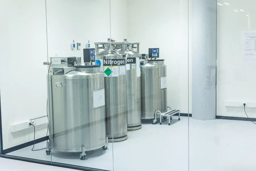 Stainless steel liquid nitrogen tanks.