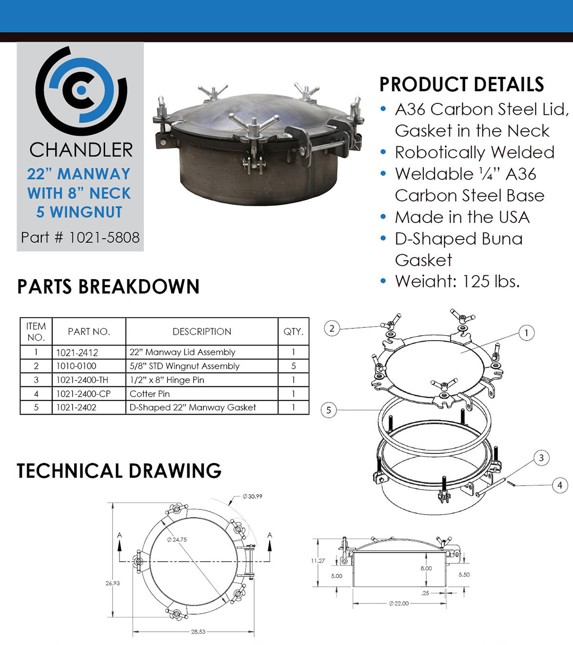 Manway de fracturación con tapa Chandler VAC de 22" y cuello de acero de 8"