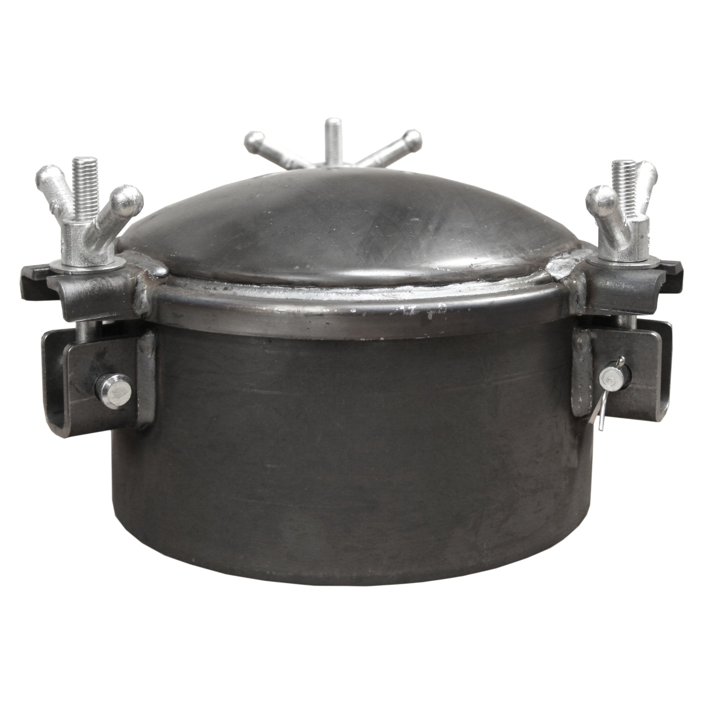 12" Hatch, gasket-in-lid design, 6" neck with 3 wing nut lid.  Features:  A36 Carbon Steel Lid, Gasket in Lid Robotically Welded Weldable 1/4" A36 Carbon Steel Base 3 Standard Wing Nut Assemblies Made in the USA 5/8" Buna Gasket Weight: 40 lbs.