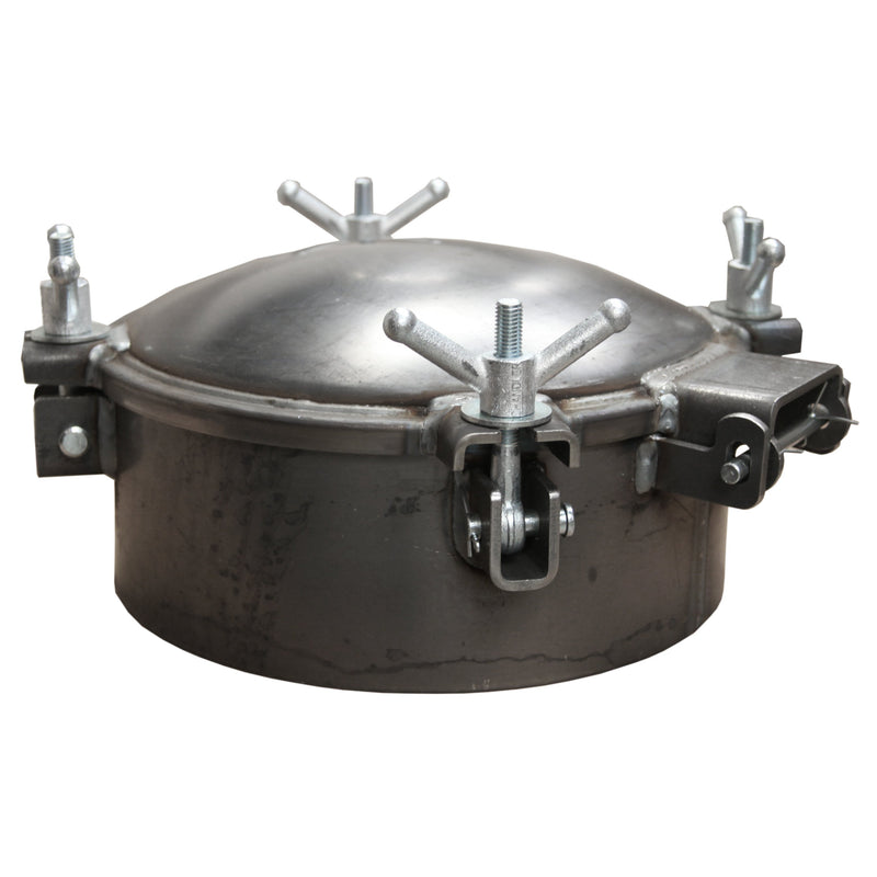 17" Manway with gasket-in-lid design, 6" neck with 4 wingnut lid.  Features:  A36 Carbon Steel Lid, Gasket in Lid Robotically Welded Weldable 1/4" A36 Carbon Steel Base 4 Standard Wing Nut Assembly 5/8" Buna Gasket Made in the USA Weight: 56 lbs.
